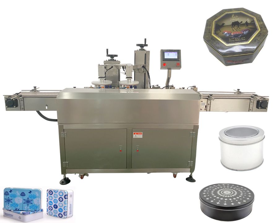 Tape Sealing Machine with Double Head,Tin Container Cookies Taping Sealing Machine , Plastic Biscuit Box Tape Seal Machine